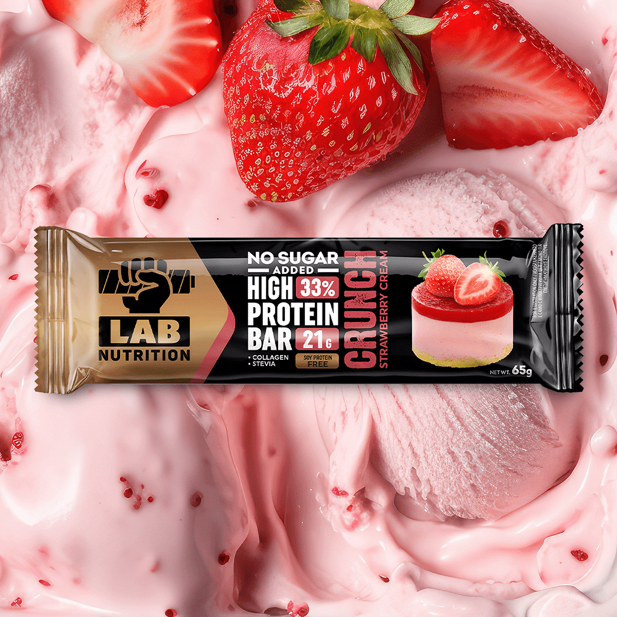 Lab Nutrition High Protein Bar 33% Crunch Strawberry Cream NoSugar Added 65g